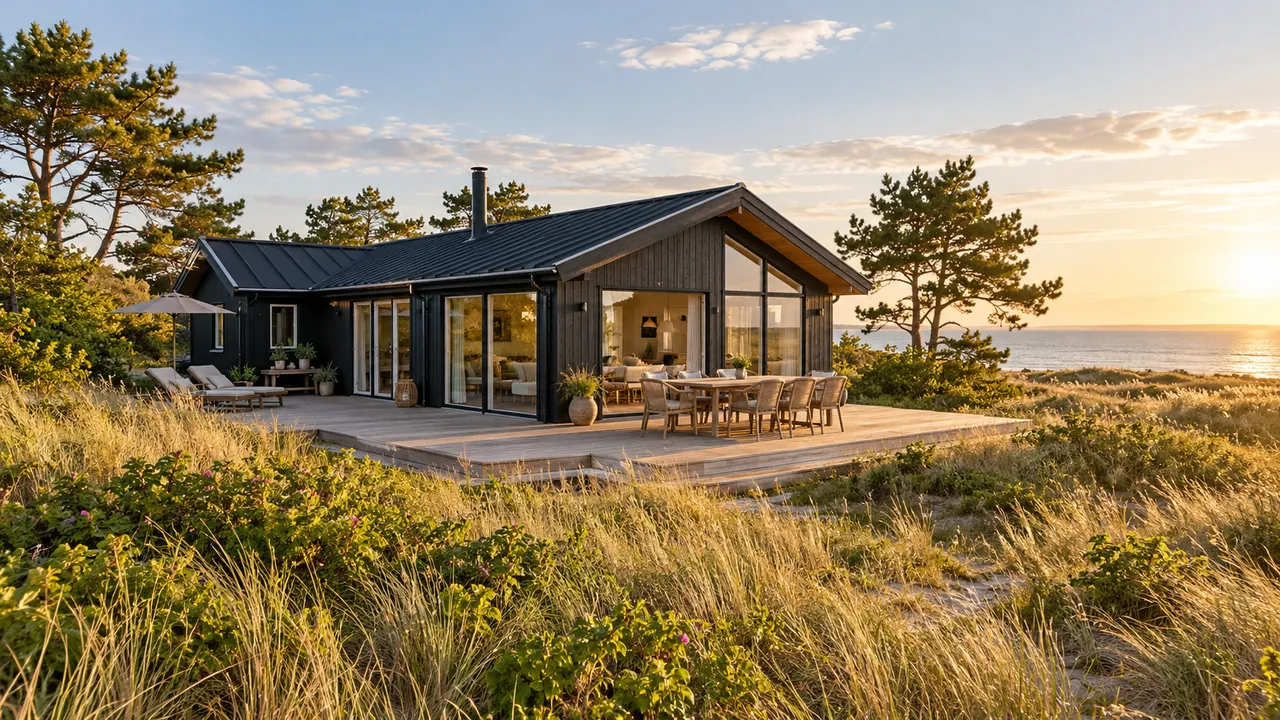Ein einladendes Ferienhaus mit Holzterrasse an der Küste